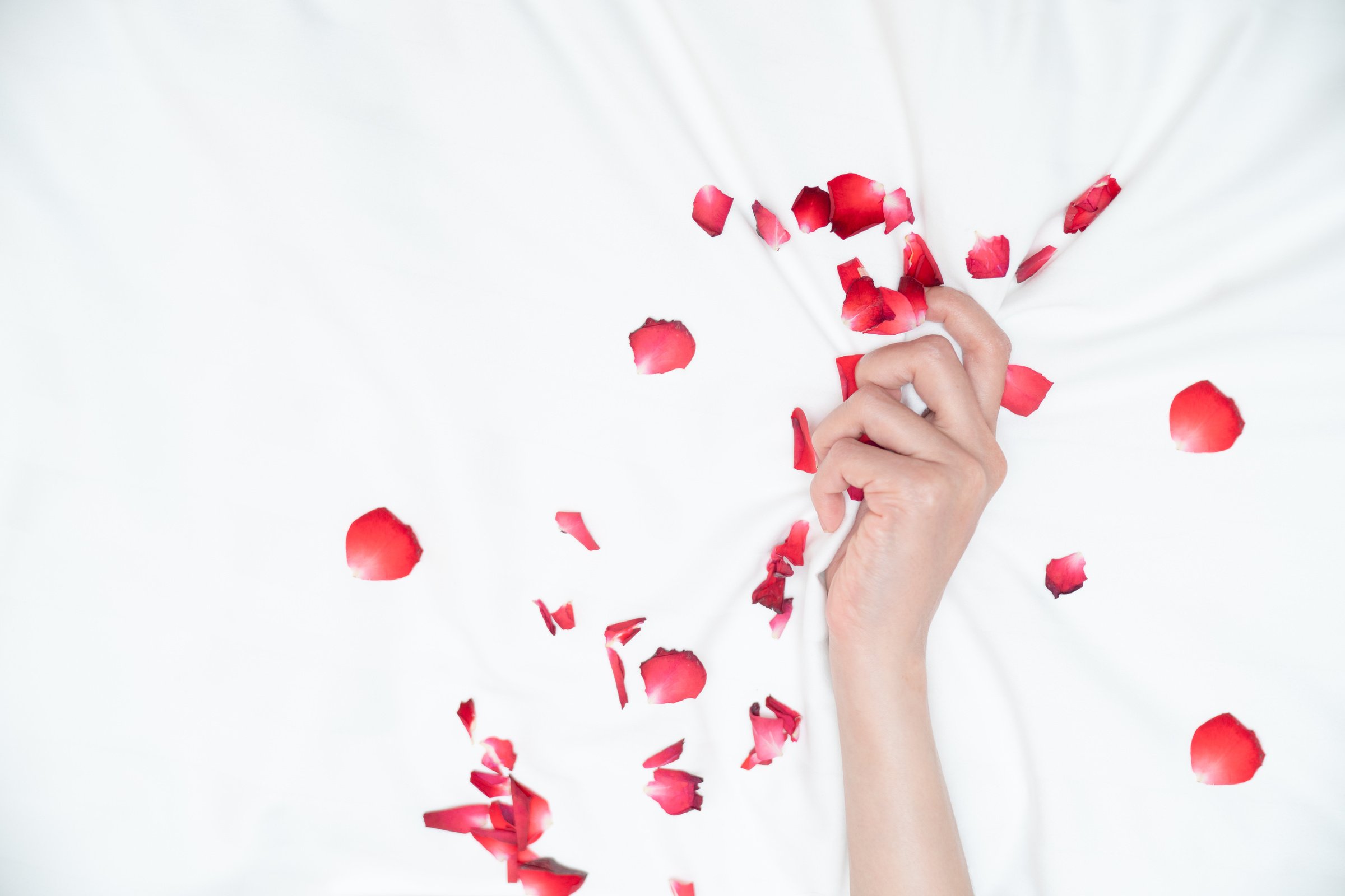 Hand Grasping the Bedsheet with Rose Petals 